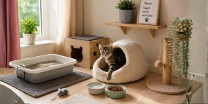 Gato nuevo adaptándose a su hogar con cama, arenero y juguetes en Jerez de la Frontera