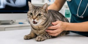 Gato en consulta veterinaria por asma felina en Jerez de la Frontera