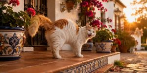 Gata en celo en casa con comportamiento cariñoso y postura típica de apareamiento