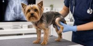 Perro pequeño en consulta veterinaria por enfermedad de Legg-Calvé-Perthes en Jerez
