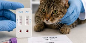 Gato en consulta veterinaria para test de leucemia e inmunodeficiencia felina en Jerez