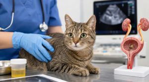 Gato en consulta veterinaria por piedras en la vejiga en Jerez de la Frontera