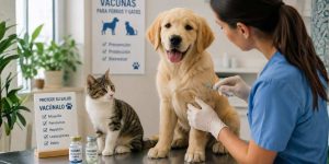 Perro y gato en consulta veterinaria para vacunación en Jerez de la Frontera